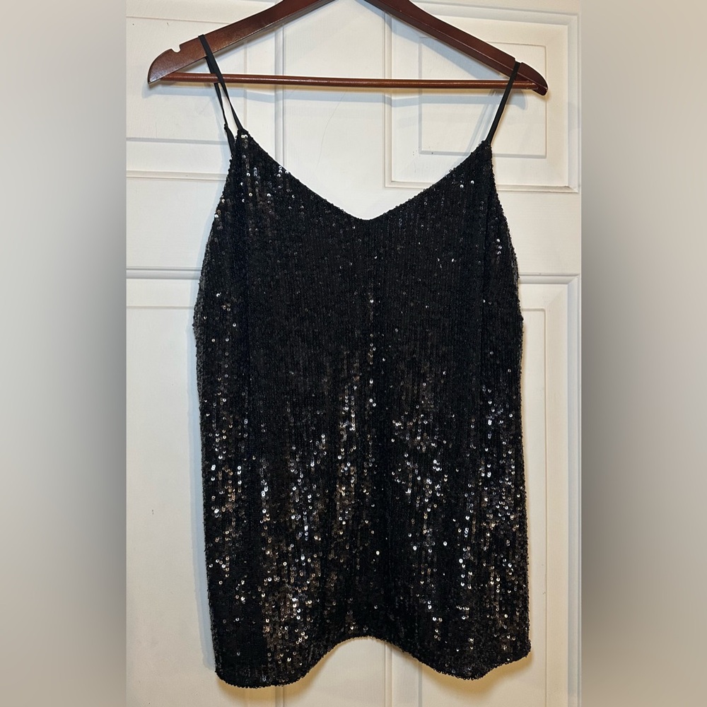 Women's Pure Collection Black Sequin Tank‎ Top Adjustable Straps Size US 8/10